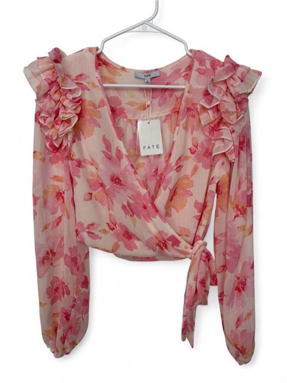 NWT FATE Pink Ruffle Floral Wrap Long Sleeve Semi Sheer Blouse Small Feminine